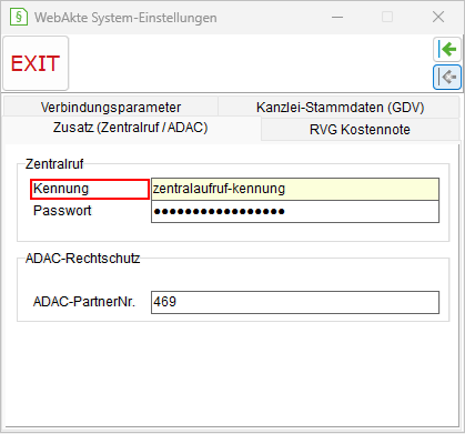 WebAkte-System-Einstellungen: die Registerkarte "Zusatz (Zentralruf/ ADAC)"