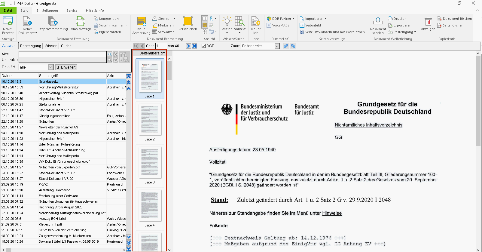 Die Seitenübersicht in WM Doku
