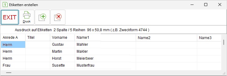 Das Fenster "Etiketten erstellen"
