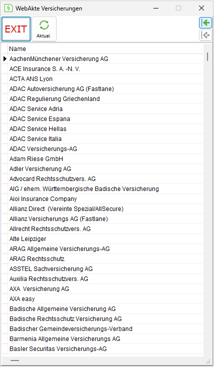Das Fenster "WebAkte Versicherungen"