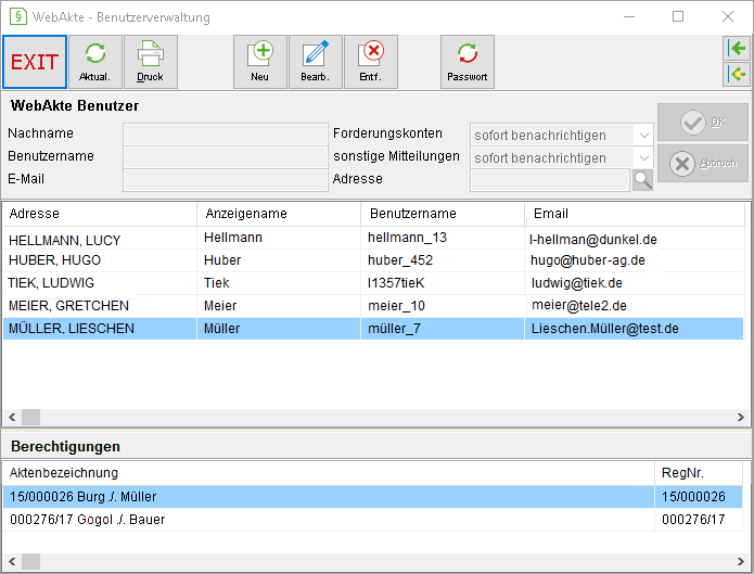 Das Fenster "WebAkte – Benutzerverwaltung"
