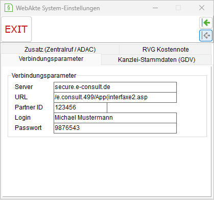 WebAkte-System-Einstellungen: die Registerkarte "Verbindungsparameter"