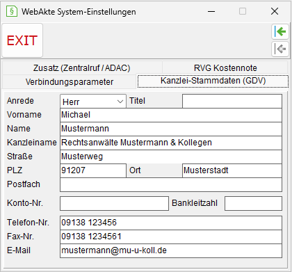 WebAkte-System-Einstellungen: die Registerkarte "Kanzlei-Stammdaten (GDV)"