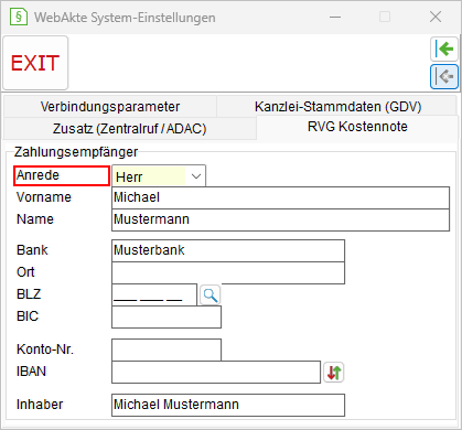 WebAkte-System-Einstellungen: die Registerkarte "RVG-Kostennote"