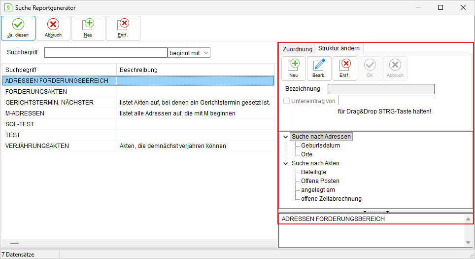 Das Fenster "Suche Reportgenerator"