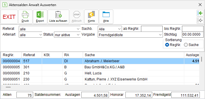 Das Fenster "Aktensalden Anwalt auswerten"