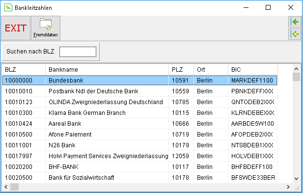 Das Fenster "Bankleitzahlen"