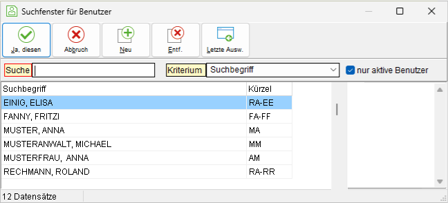 Das Suchfenster für Benutzer