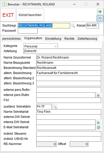 Die Benutzerverwaltung: die Registerkarte "Organisation"