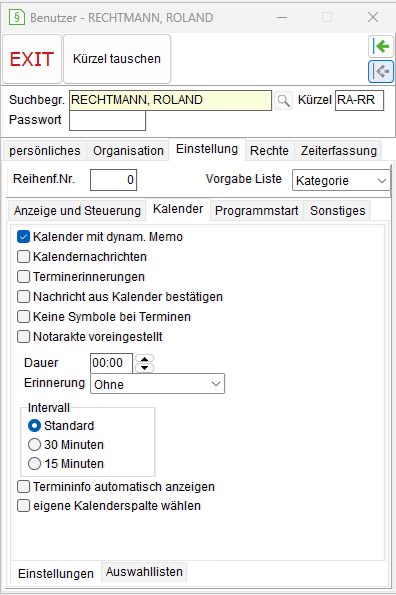 Die Benutzerverwaltung: das Unterregister "Einstellungen"