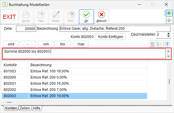 Das Fenster "Buchhaltung Modellzeilen"