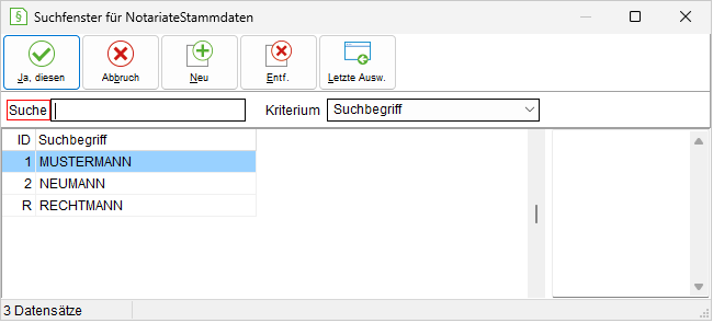 Das Suchfenster für Notariate-Stammdaten