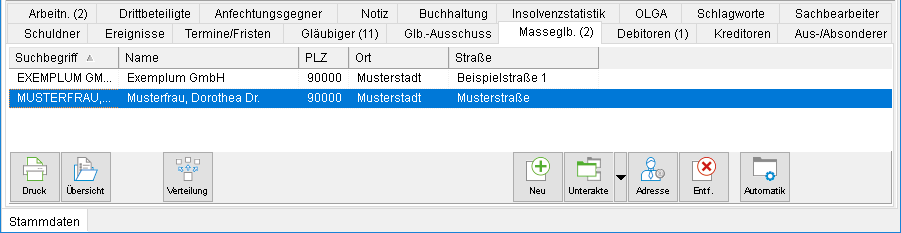 Die Akten-Registerkarte "Massegläubiger"