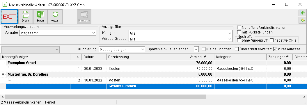 Das Fenster "Masseverbindlichkeiten"