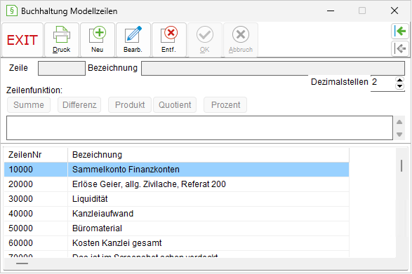Das Fenster "Buchhaltung Modellzeilen"