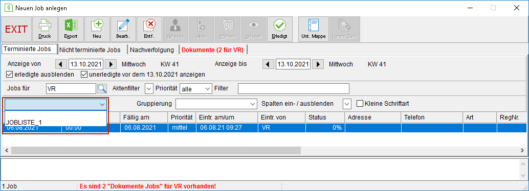 Job-Fenster: Zugriff auf eine Auswertungs-Vorlage