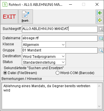 Fenster zur Bearbeitung der Meta-Daten für den Rohtext