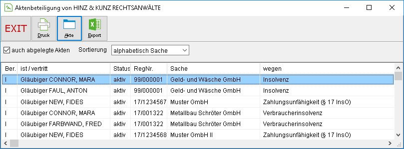 Das Fenster "Aktenbeteiligung von Kanzlei"