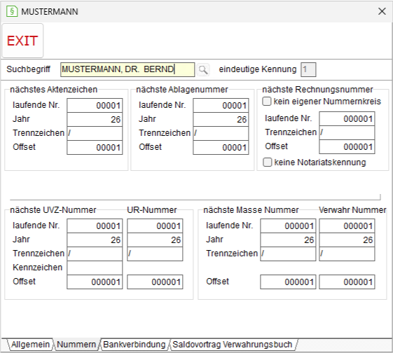 Notariat-Stammdaten-Einstellungen: die Registerkarte "Nummern"