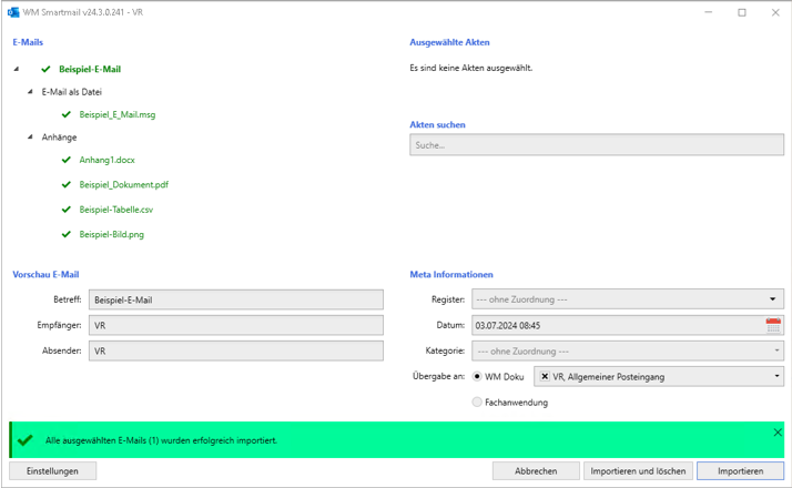 Importfenster nach dem Import