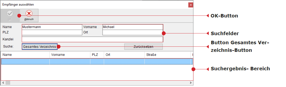 Das Fenster zur Empfänger-Auswahl