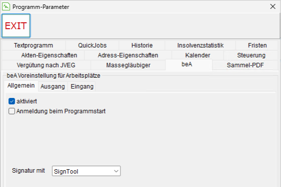 Die Programm-Parameter: die Registerkarte "beA", das Register "Allgemein"