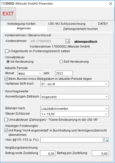 Die Parameter der Buchhaltung: die Registerkarte "Allgemein"