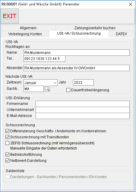 Buchhaltungs-Parameter: die Registerkarte "USt.-VA/ Schlussrechnung"