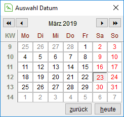 Das Fenster "Auswahl Datum"