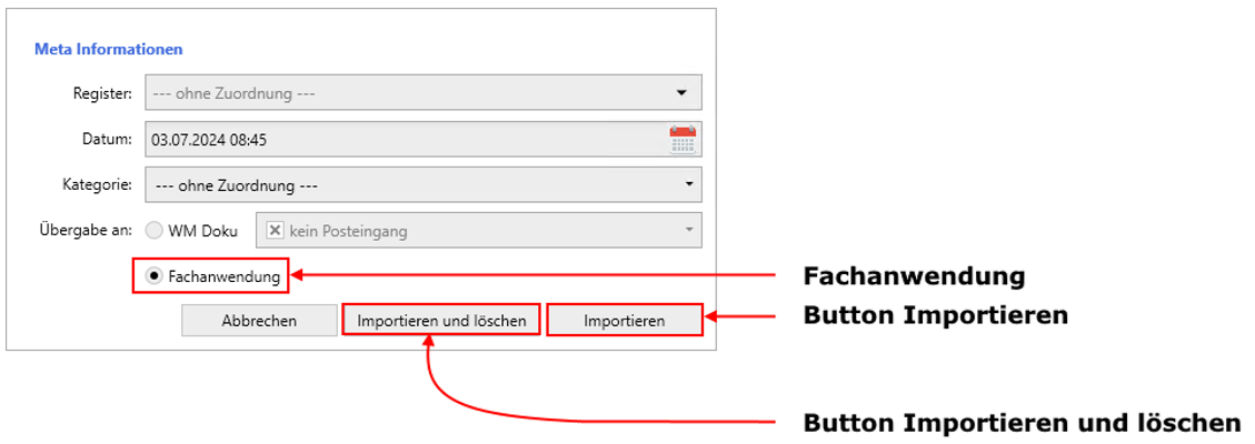 "Bereich Meta-Informationen" und Import-Optionen