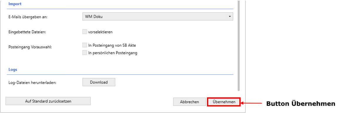Button Übernehmen in den Einstellungen von WM Smartmail