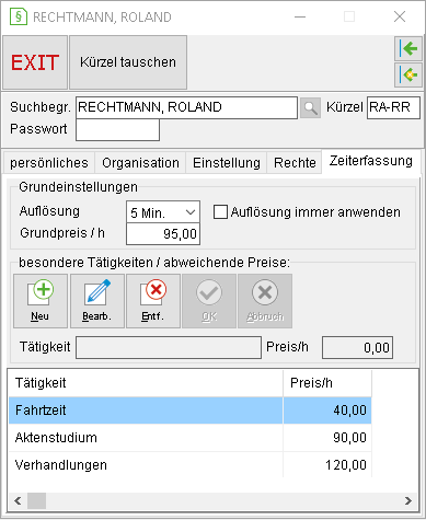 Die Registerkarte "Zeiterfassung"