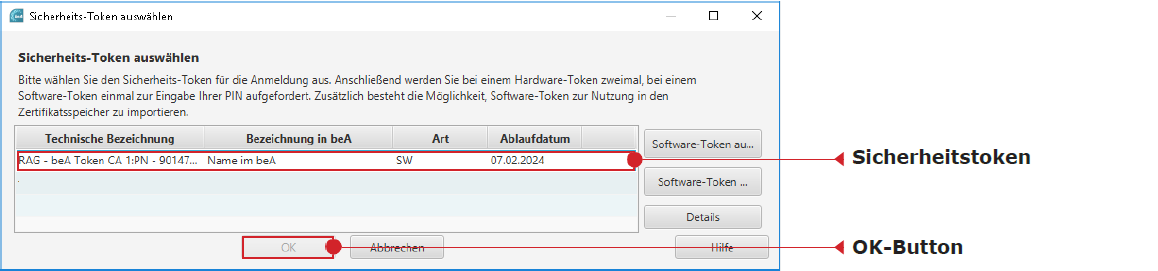 Das Fenster zur Auswahl des Sicherheitstoken