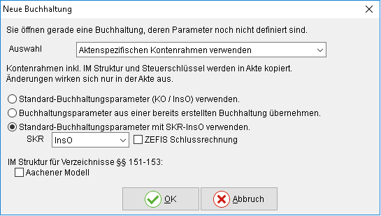 Das Fenster "Neue Buchhaltung"