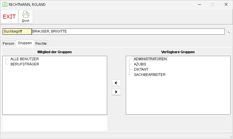 Das Benutzerfenster: Registerkarte "Gruppen"