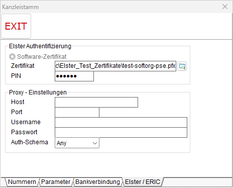 Stammdaten-Einstellungen: die Registerkarte "Elster/ ERIC"