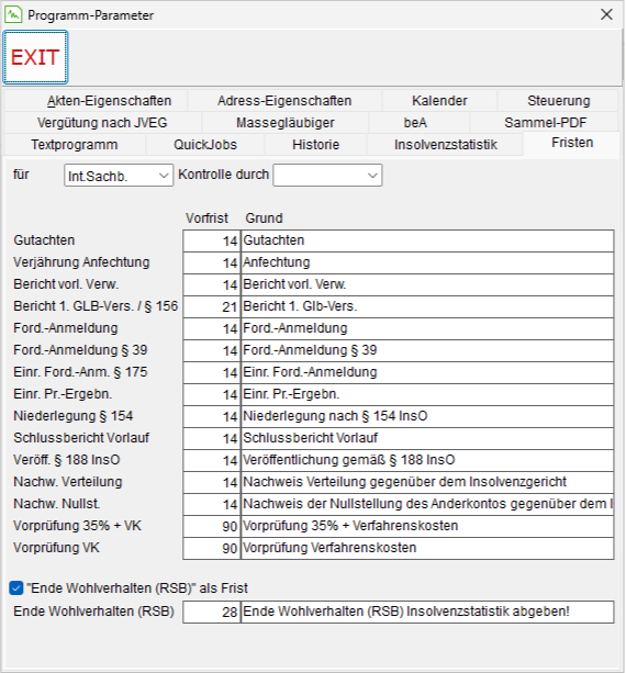 Die Programm-Parameter: die Registerkarte "Fristen"