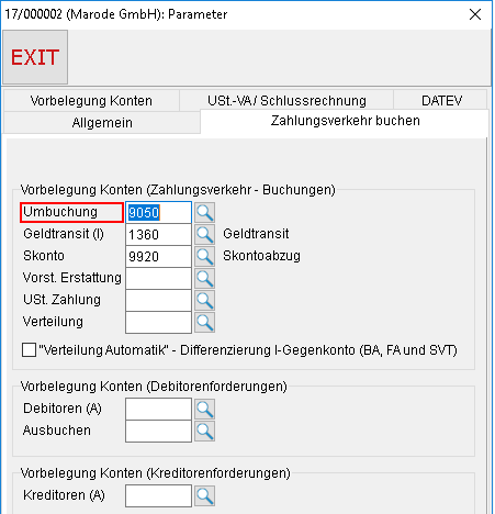 Buchhaltungs-Parameter: die Registerkarte "Zahlungsverkehr buchen"