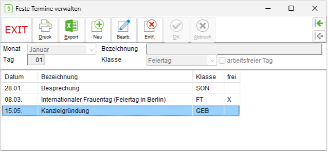 Das Fenster "Feste Termine verwalten"
