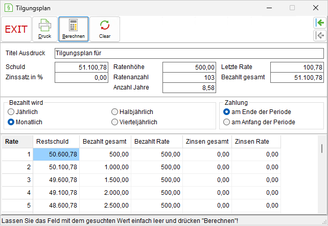 Das Fenster "Tilgungsplan"
