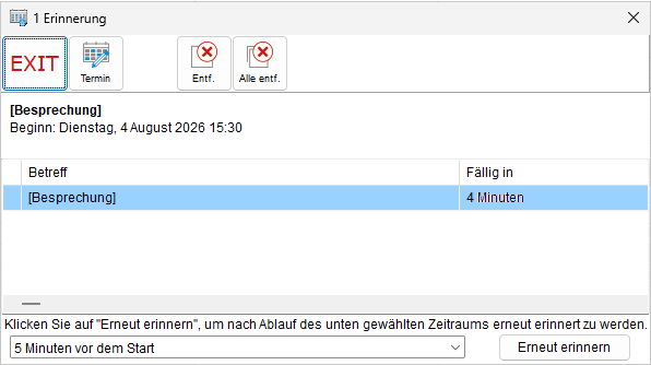 Das Fenster "Erinnerung"