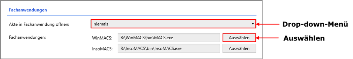 Bereich "Fachanwendungen" in den Einstellungen von WM Smartmail