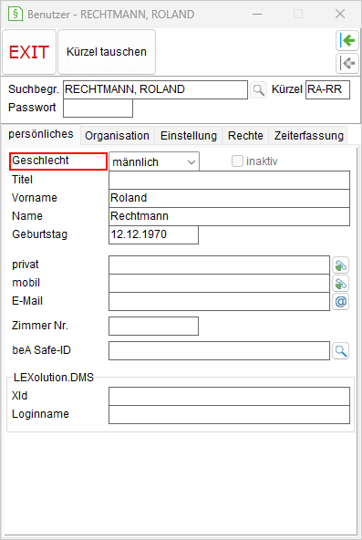 Die Benutzerverwaltung: die Registerkarte "persönliches"