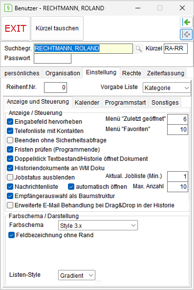 Die Benutzerverwaltung: die Registerkarte "Einstellung"