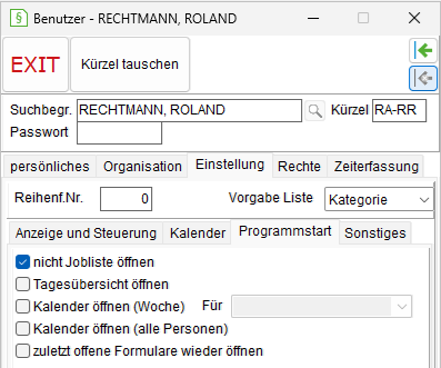 Die Unterregisterkarte "Programmstart"
