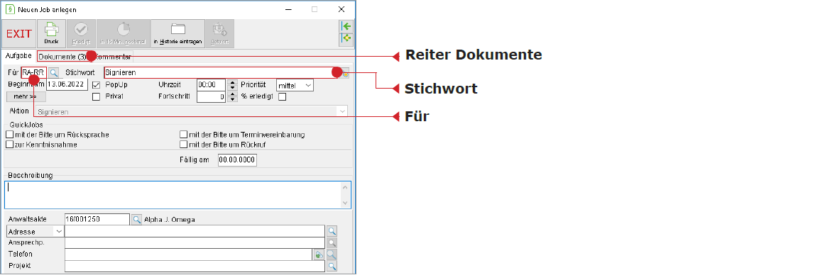 Das Fenster zur Job-Anlage