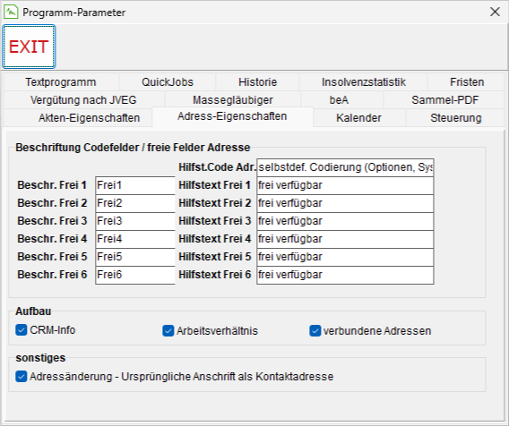 Die Programm-Parameter: die Registerkarte "Adress-Eigenschaften"