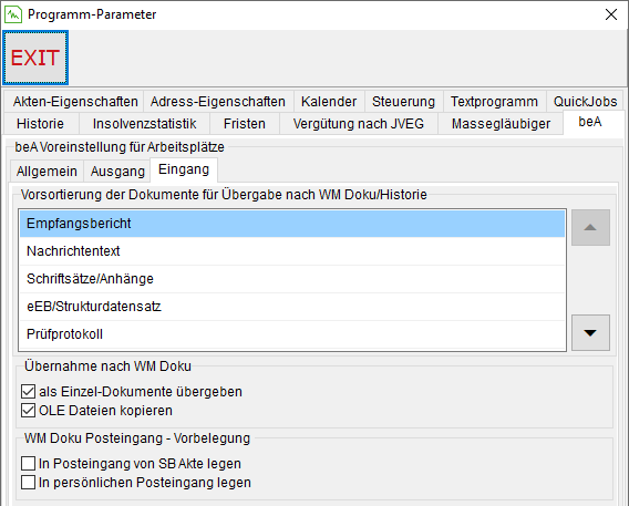 Die Programm-Parameter: die Registerkarte "beA", das Register "Eingang"