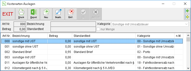 Das Fenster "Kostenart Auslagen"