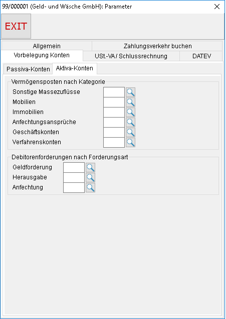 Buchhaltungs-Parameter: die Registerkarte "Vorbelegung Konten", das Register "Aktiva-Konten"